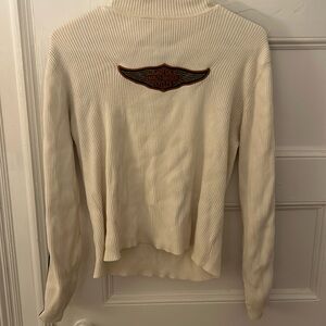 Harley Davidson Women Ivory Rib Knit Cotton Long Sleeve Turtleneck